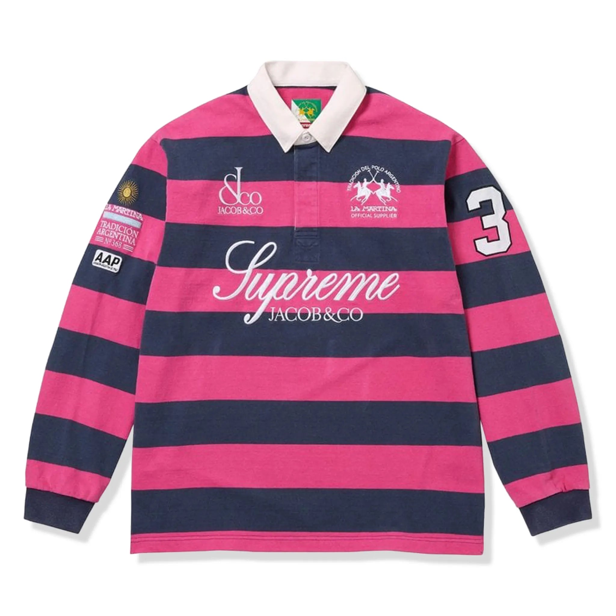 Front View of Supreme x Jacob & Co. La Martina Rugby Pink Polo Shirt